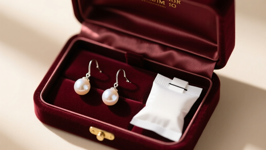 Overhead view of a silk-lined jewelry box revealing heirloom pearl drop earrings resting beside a small humidity-control packet