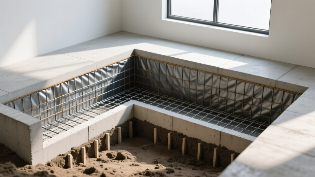 Cross-section blueprint of a poured concrete basement foundation showing rebar grids, footing depths, and exterior waterproofing membrane on soil