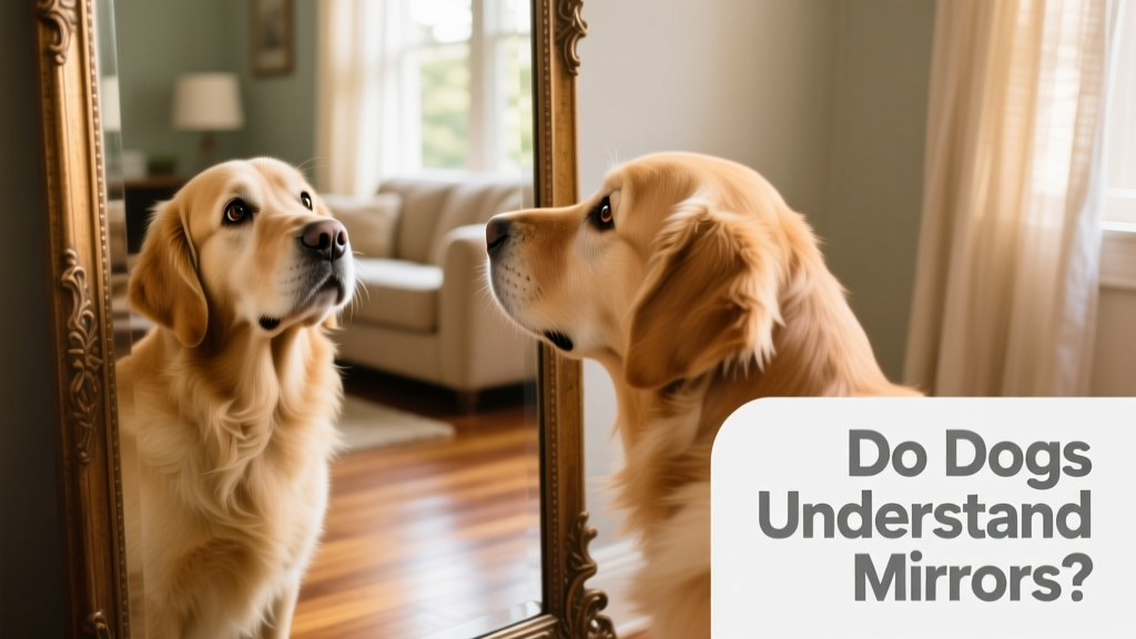 A curious dog tilting its head while looking at its reflection in a floor-length mirror