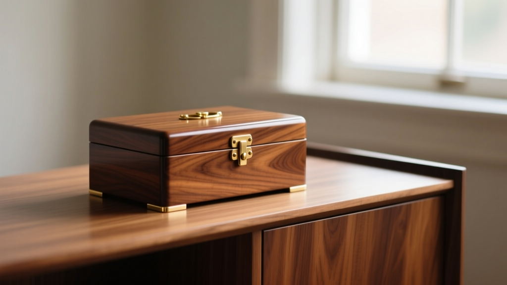 Restored 1950s walnut jewelry box on a teak credenza, showing clean geometric lines and brass hardware in soft light