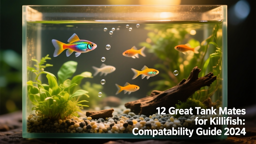 A small planted aquarium with colorful killifish swimming near the surface and gentle tetras mid-water