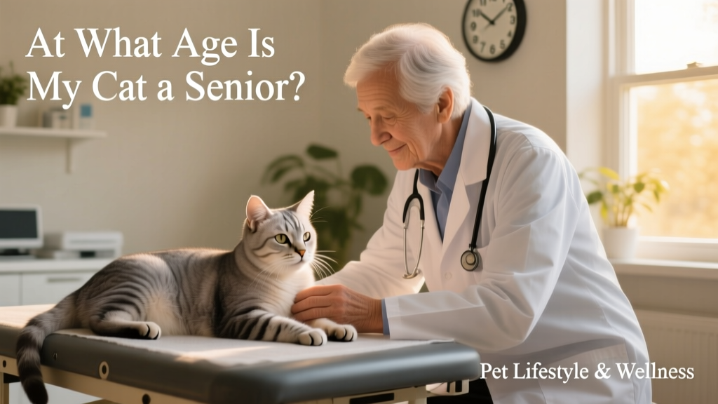 A gentle veterinarian examining a relaxed senior cat during a routine wellness visit