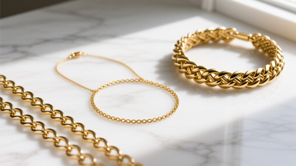 Three gold mesh chains on white marble: a thin 3mm 14k chain, a 5mm vermeil Milanese mesh, and a thick 10mm woven gold necklace.