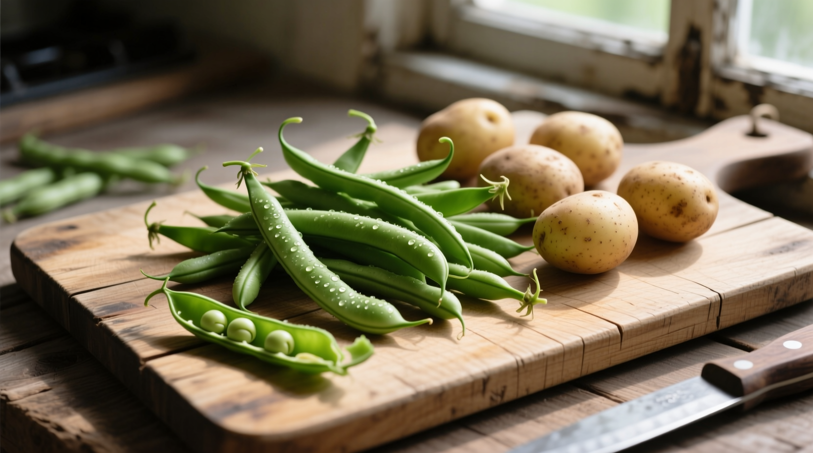 Fresh green beans and potatoes on wooden cutting board