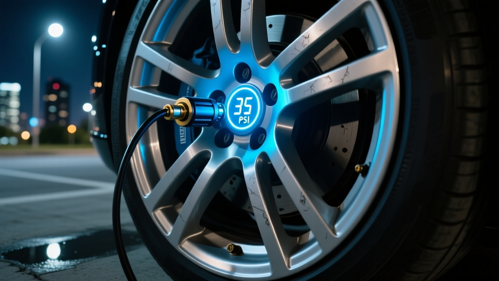 Digital tire inflator attached to a car wheel valve at night, illuminating the alloy rim with a bright LED screen showing 35 PSI.