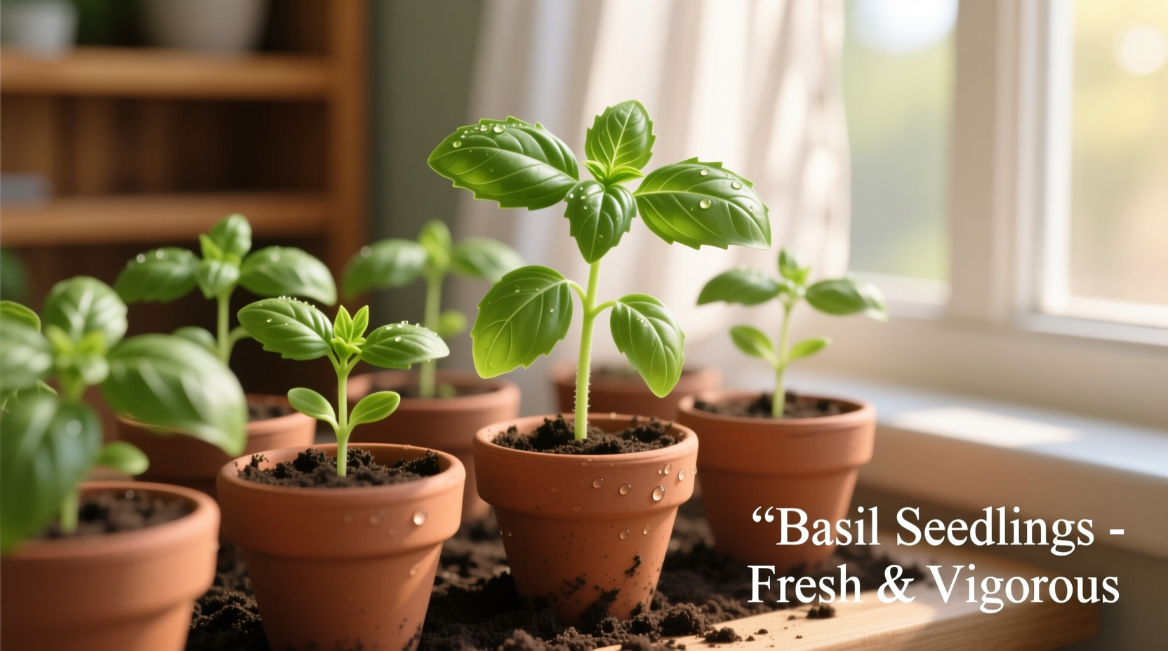 Healthy basil seedlings growing in small pots with bright green leaves
