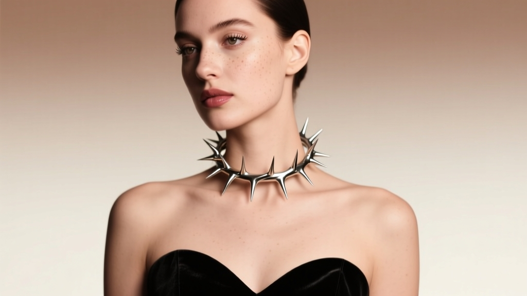 Portrait of a woman wearing a rigid silver thorn torque over a dark velvet sweetheart neckline, looking away in soft warm light