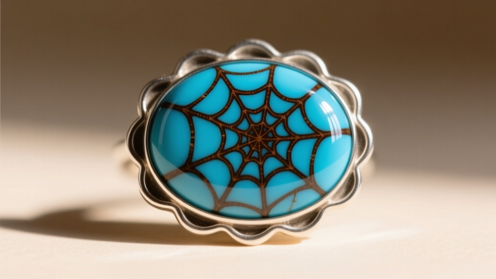 Close-up of a Bisbee turquoise cabochon in a scalloped silver bezel, showing deep blue color with dark brown spiderweb matrix