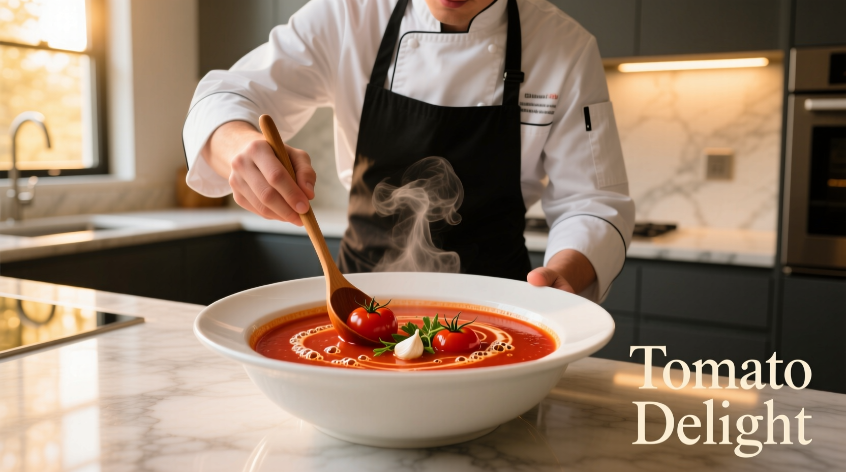 Chef stirring vibrant red tomato soup in white ceramic bowl
