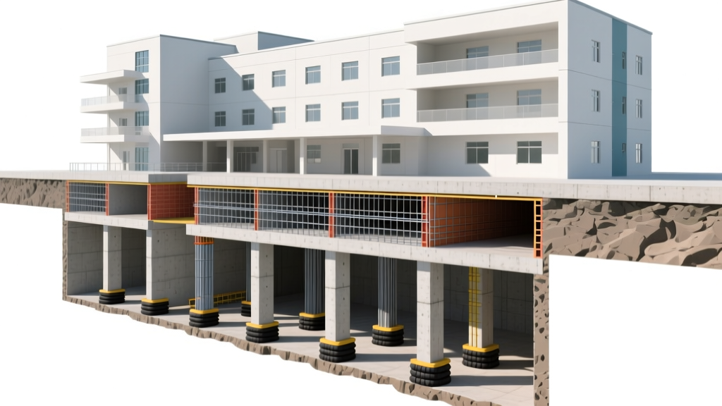 Cross-section architectural blueprint showing deep pile and mat slab foundation systems supporting a multi-story hospital nursing wing with seismic base isolators