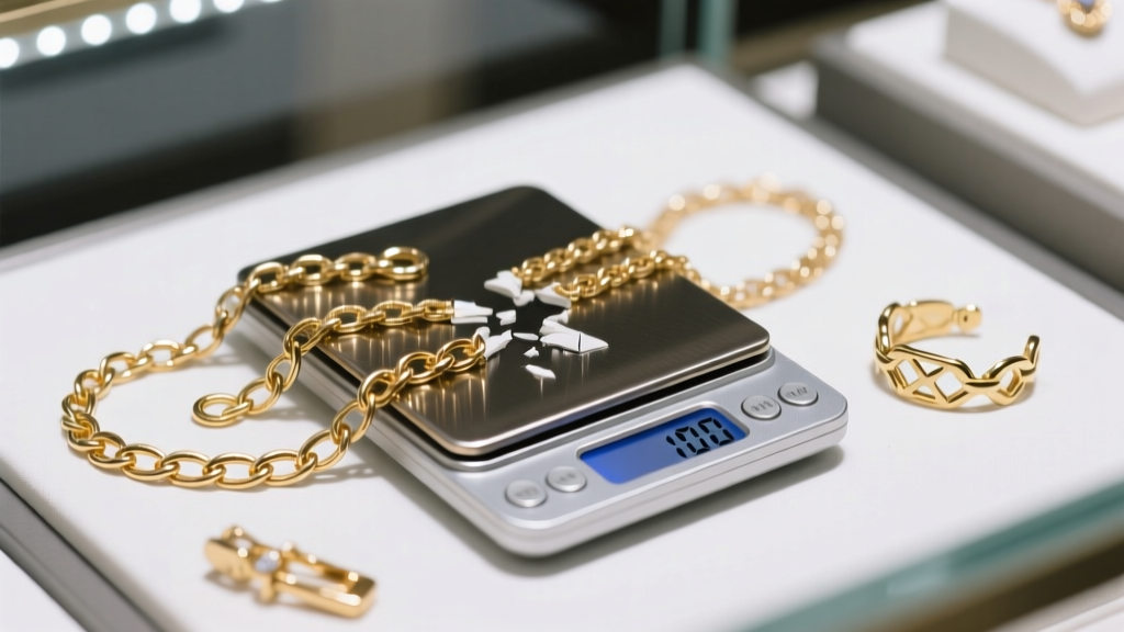 Digital scale weighing hollow 10k white gold chains and broken clasps under bright LED lighting at a jewelry buying counter desk