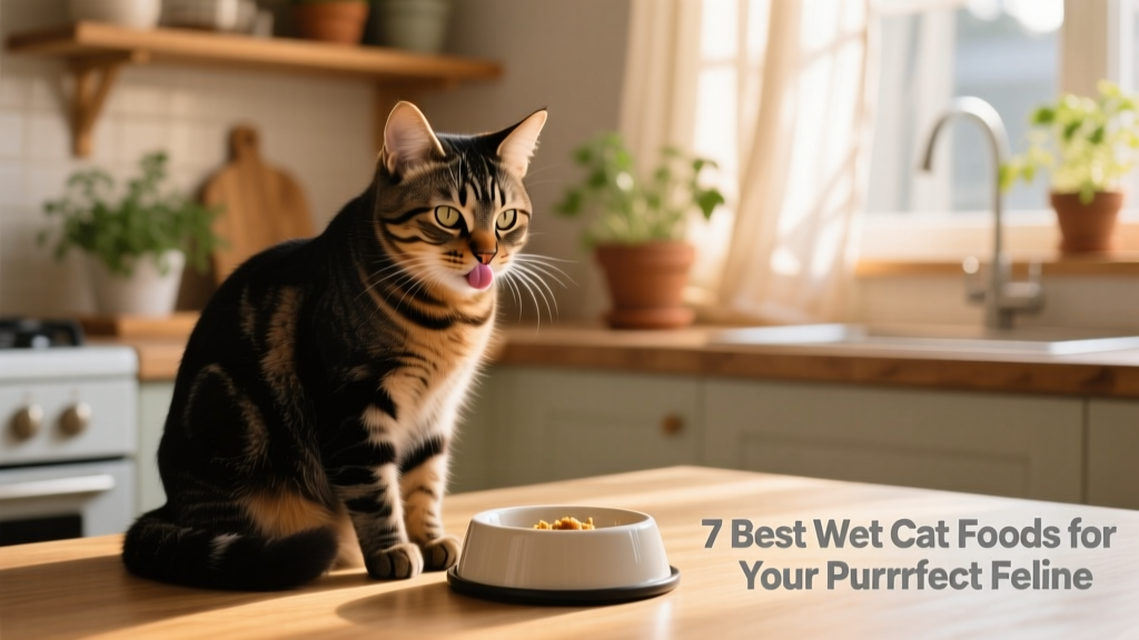 A relaxed black-and-tan cat sitting beside an empty bowl, gently licking its lips after a satisfying meal