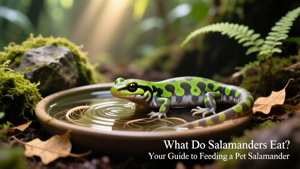 A clean, well-planted vivarium with a salamander resting near a shallow water dish containing brine shrimp