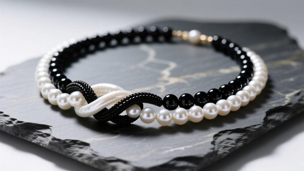 Close up of knotted pearl and onyx necklace on slate, lit by soft studio light showing contrasting gemstone luster and textures