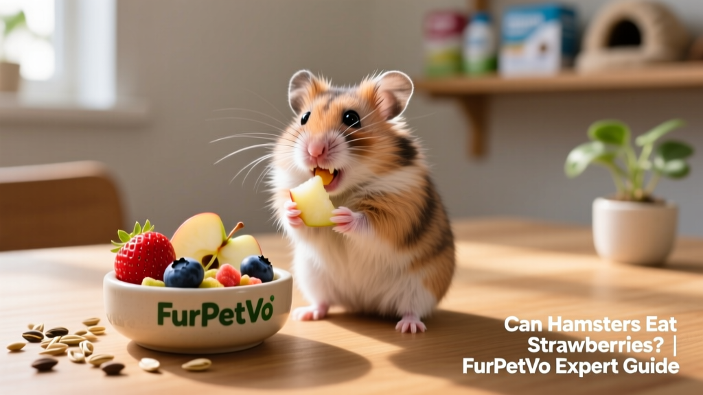 A happy dwarf hamster enjoying a small piece of apple while sitting beside a bowl of FurPetVo fruit-based treats
