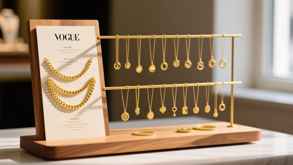 Retail menu on a wooden display stand showing solid gold and gold-filled permanent chain options alongside small gold charms