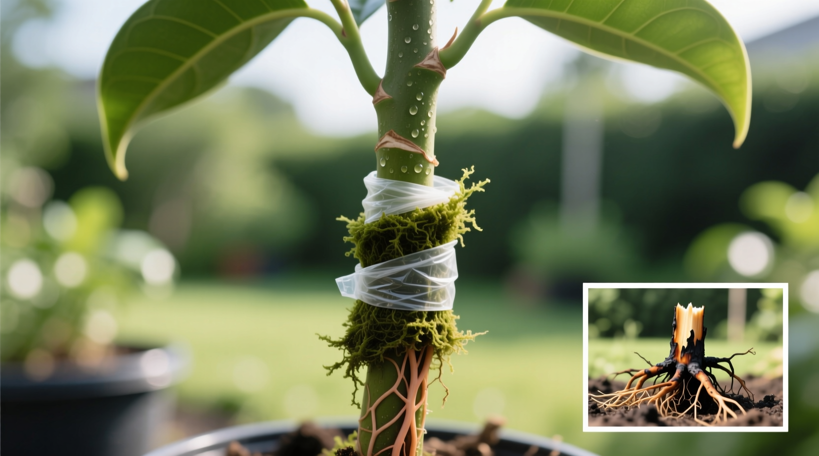 Spring propagation timing showing air layered ficus with intact water flow versus summer attempt where roots cooked in heat - critical seasonal difference for success