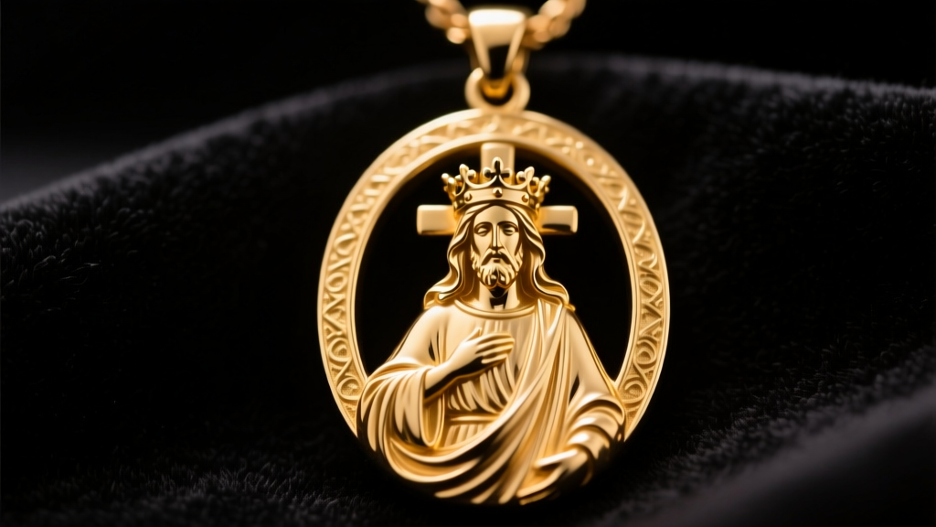 Close-up of a vintage 18k gold Christus Rex pendant showing a crowned figure in robes on dark velvet under warm studio lighting.