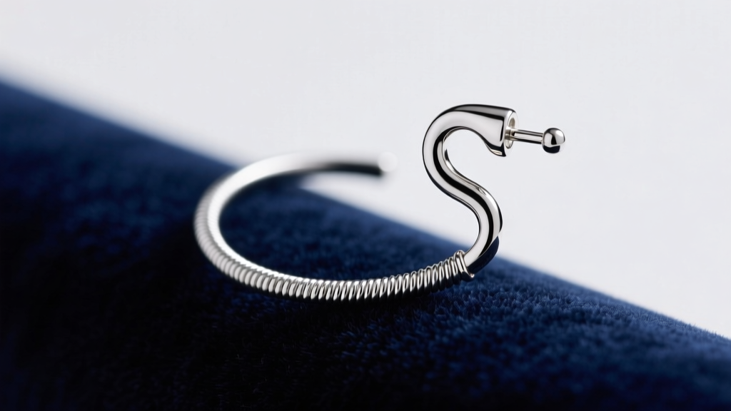 Macro shot of a silver ear climber on velvet, highlighting the S-curve tension wire and 20-gauge post under soft studio lighting.
