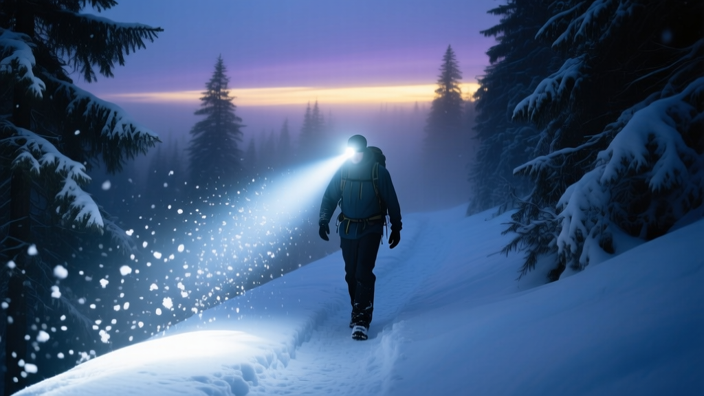 A hiker wearing a high-lumen headlamp illuminating a snowy forest trail at dusk, with the beam cutting through falling winter snowflakes.