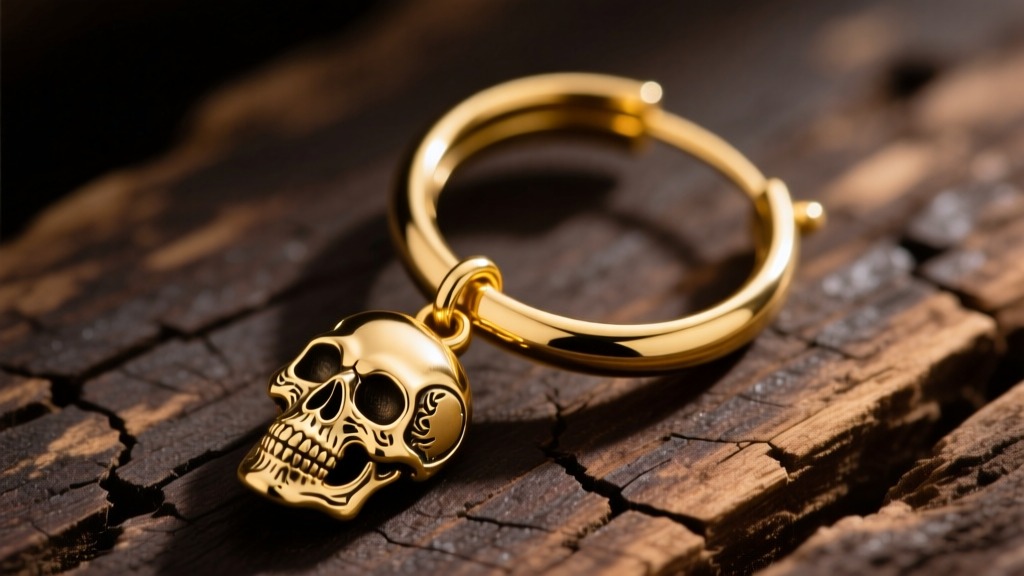 Close-up of a 14k yellow gold pirate hoop earring with an intricately detailed skull dangle charm resting on dark weathered wood