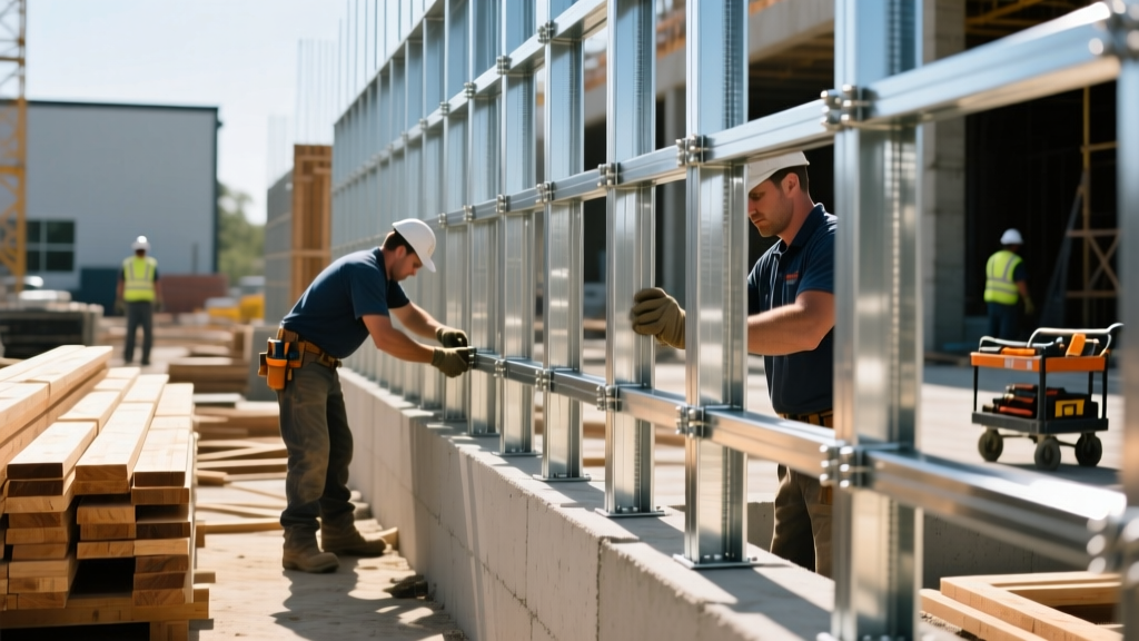 Framers assembling galvanized light-gauge steel studs on a commercial site next to stacked wooden lumber and concrete forms