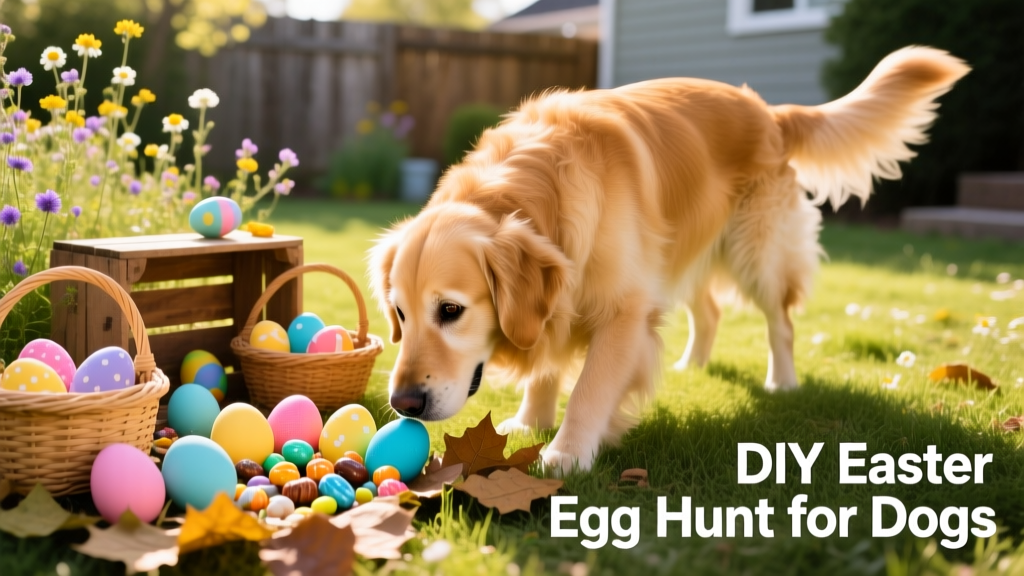 A golden retriever sniffing excitedly near a colorful outdoor setup with hidden treat-filled toys