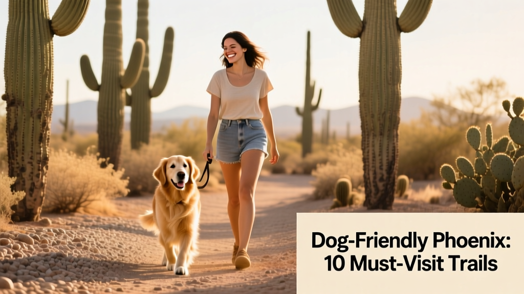 A woman walking her dog along a shaded desert trail in Phoenix