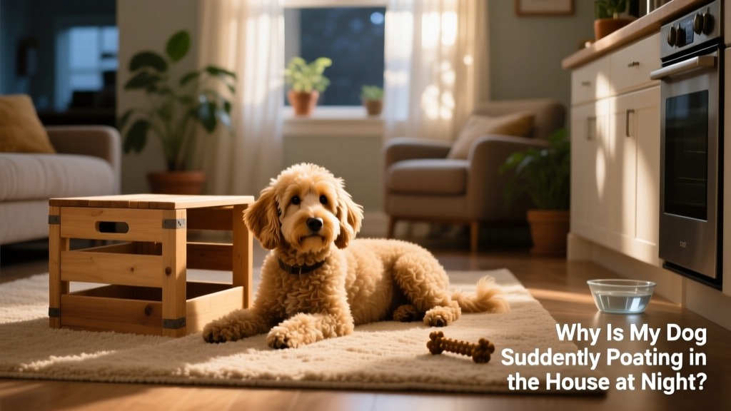 A calm golden doodle resting near her crate, looking alert but relaxed