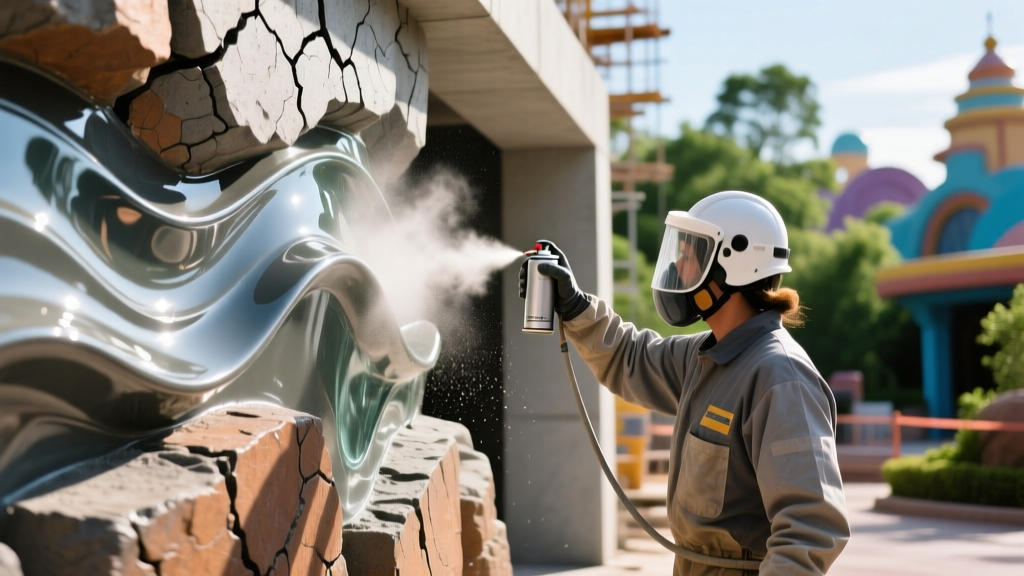 Artisan spraying aliphatic polyurea hardcoat over sculpted glass fiber reinforced concrete faux-rock facade at a theme park