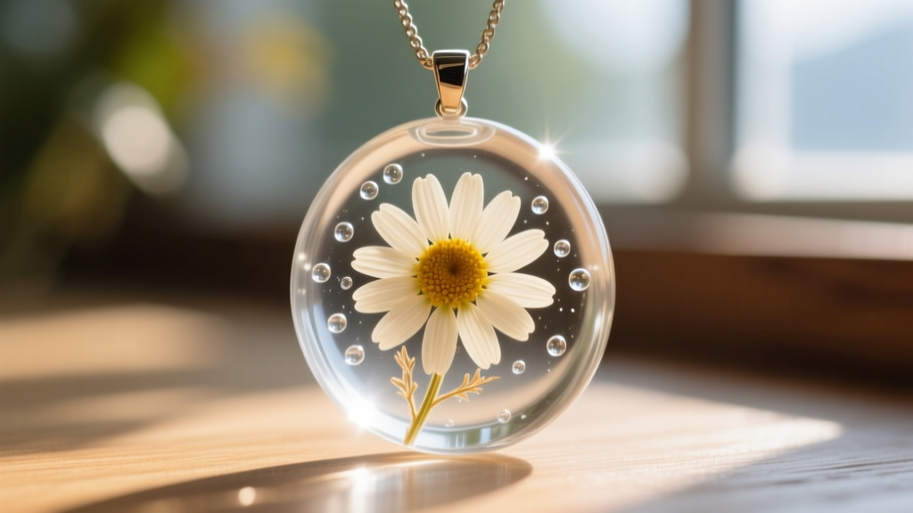 Clear resin pendant enclosing a dried daisy with micro-bubbles, illuminated by soft warm natural light from a nearby window.