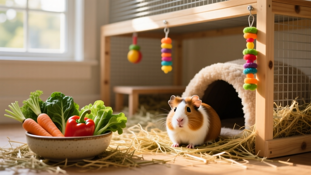 Well-organized guinea pig habitat with hay, hideout, chew toys, and fresh vegetables