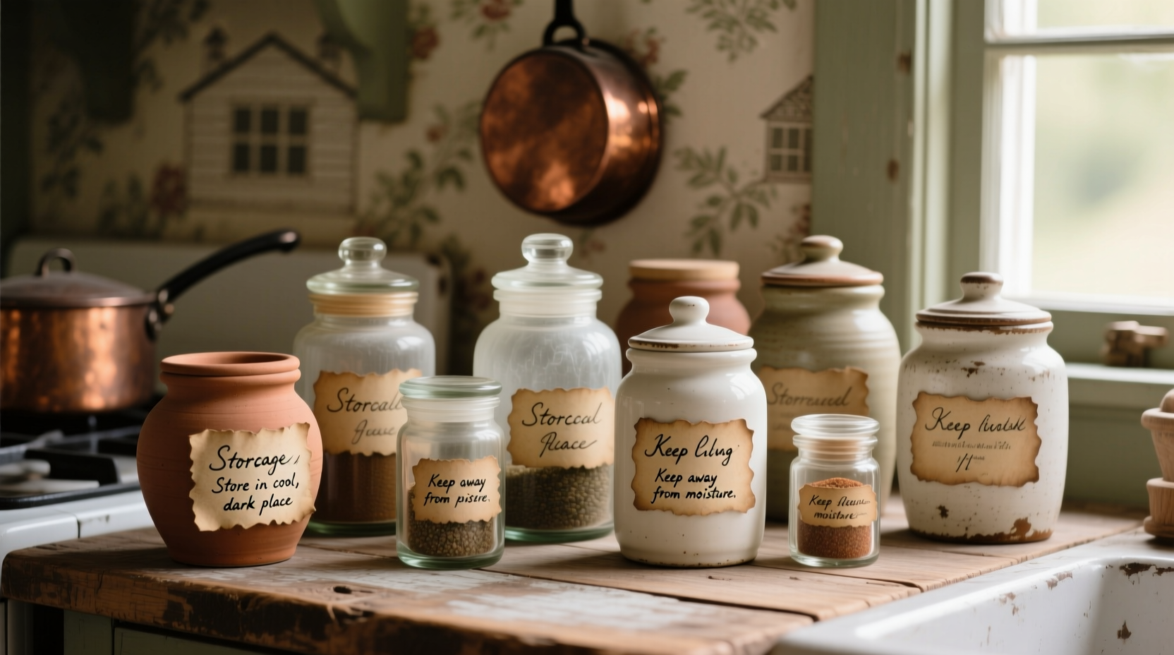 Various spice jars with labels showing proper storage
