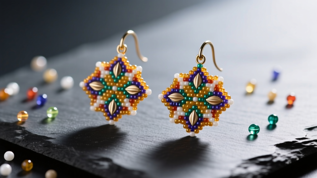 Macro shot of geometric seed bead patterns earrings on a dark slate mat beside scattered Miyuki Delica glass beads