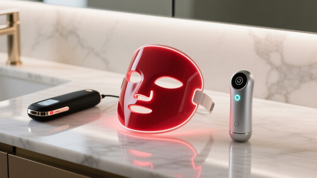 A clean, minimalist vanity setup featuring a glowing red LED face mask, a sleek microcurrent device, and a smart cryotherapy tool resting on a marble countertop.