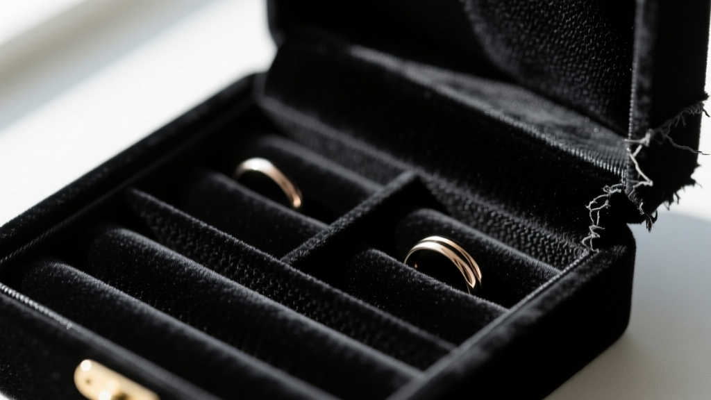 Close-up of synthetic black velvet lining inside a budget jewelry box, showing tight ring rolls and a slightly frayed fabric edge.