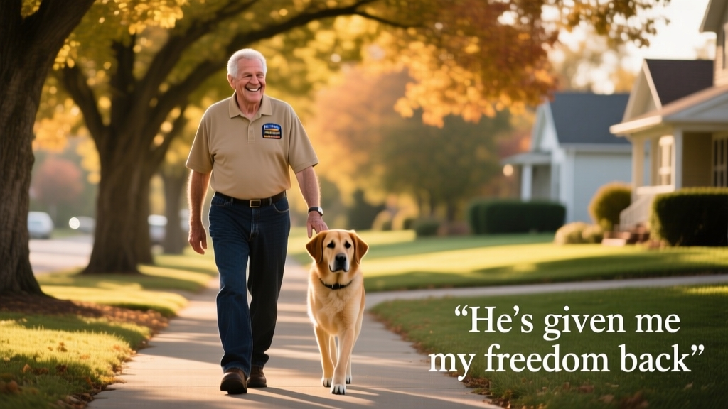 Paul and Dobby walking side-by-side along a tree-lined sidewalk, Paul smiling as Dobby walks calmly beside him