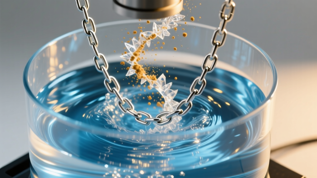 Ultrasonic tank vibrating with water, showing a silver chain releasing dirt under bright, warm studio lighting from a high angle.