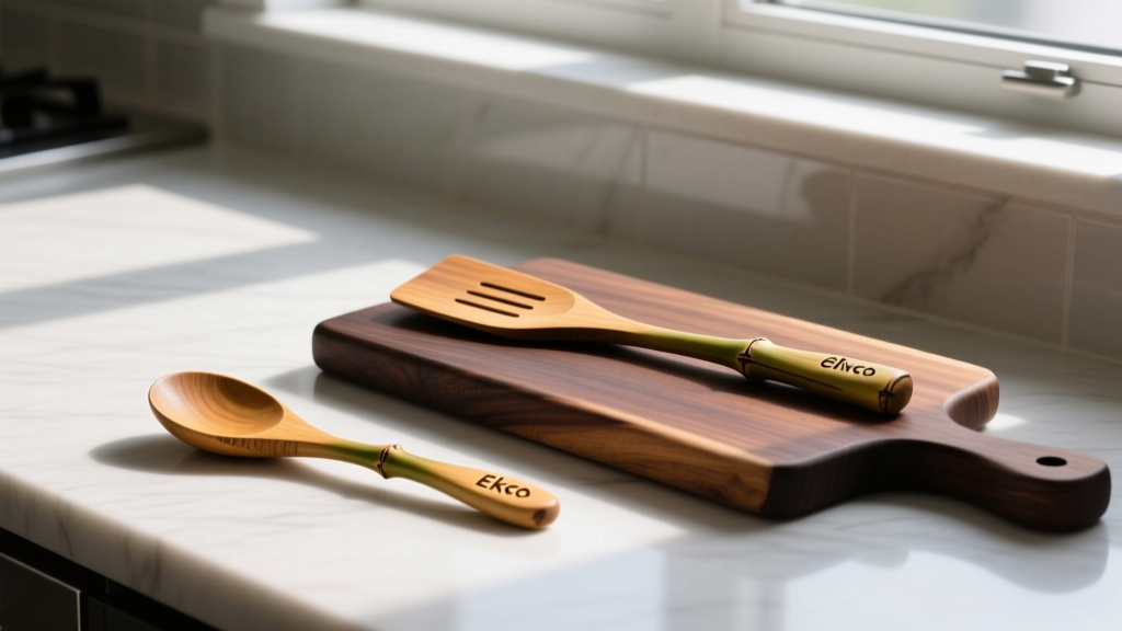 Basic Ekco bamboo spoon on a laminate counter next to a premium hand-carved olivewood spatula resting on a dark walnut butcher block surface