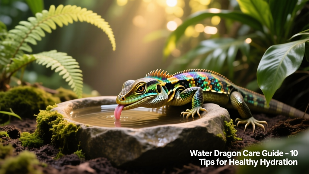 Close-up of a water dragon drinking from a shallow, rock-style water dish surrounded by moist substrate and leafy greens