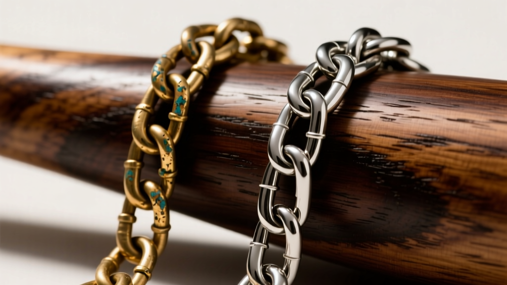 Macro shot of a tarnished brass chain beside a pristine 316L stainless steel Cuban link chain resting on a dark wood baseball bat.