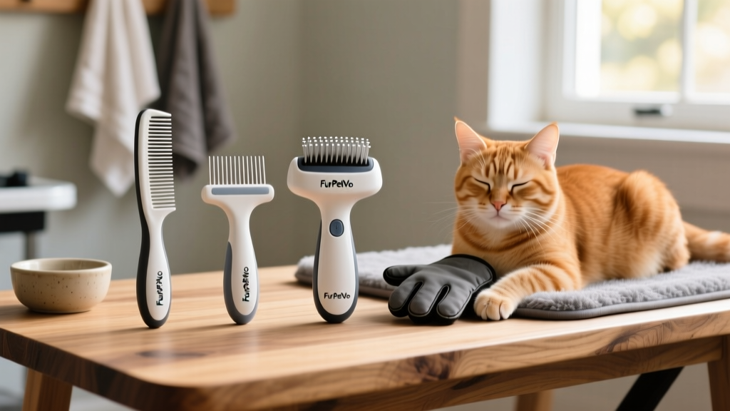 Side-by-side comparison of three FurPetVo dematting tools on a wooden grooming table, with soft lighting and a relaxed cat nearby