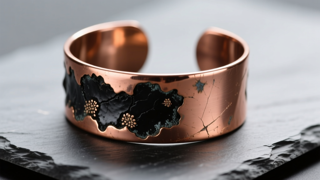 Macro shot of a tarnished copper cuff on slate, showing contrast between oxidized black crevices and bright polished copper edges.