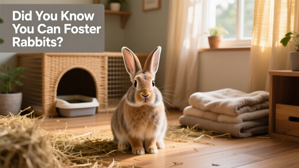 A calm, curious rabbit sitting comfortably in a cozy, bunny-proofed living space with hay, a litter box, and soft blankets