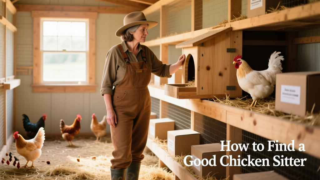 A chicken sitter confidently inspecting nesting boxes inside a well-maintained coop.