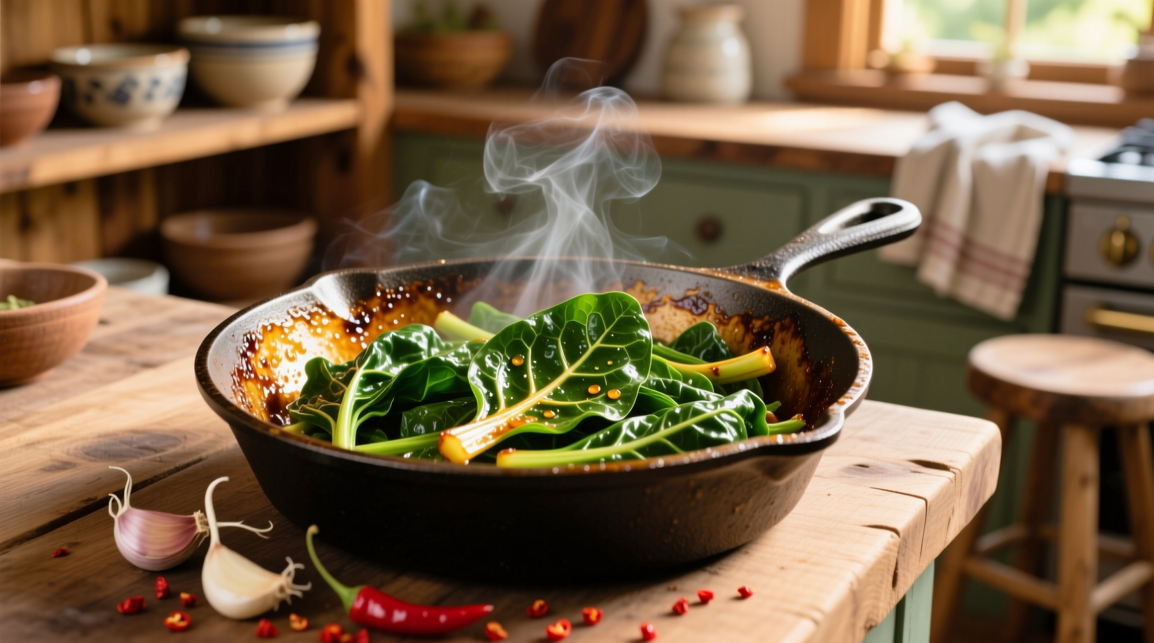 Freshly sautéed Swiss chard in cast iron skillet