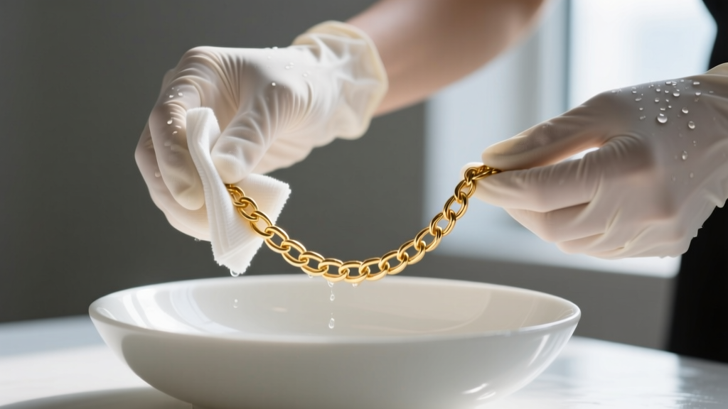 Hands in cotton gloves wiping a delicate gold plated cable chain with a damp microfiber cloth over a white ceramic bowl.