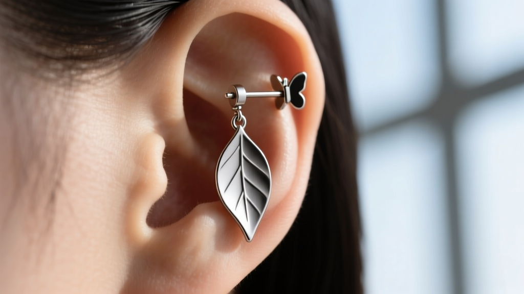 Side profile of matte titanium leaf drop earring on ear lobe, showcasing an 18-gauge post and secure butterfly back.