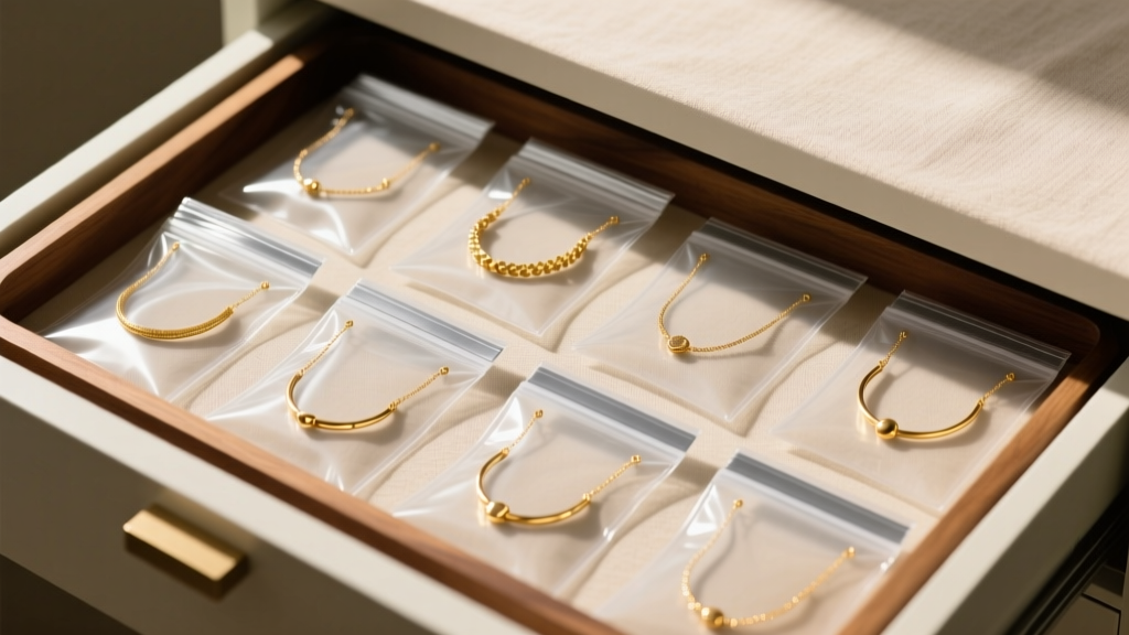 Jewelry drawer displaying polyethylene pouches and anti-tarnish strips protecting delicate gold necklace bands.