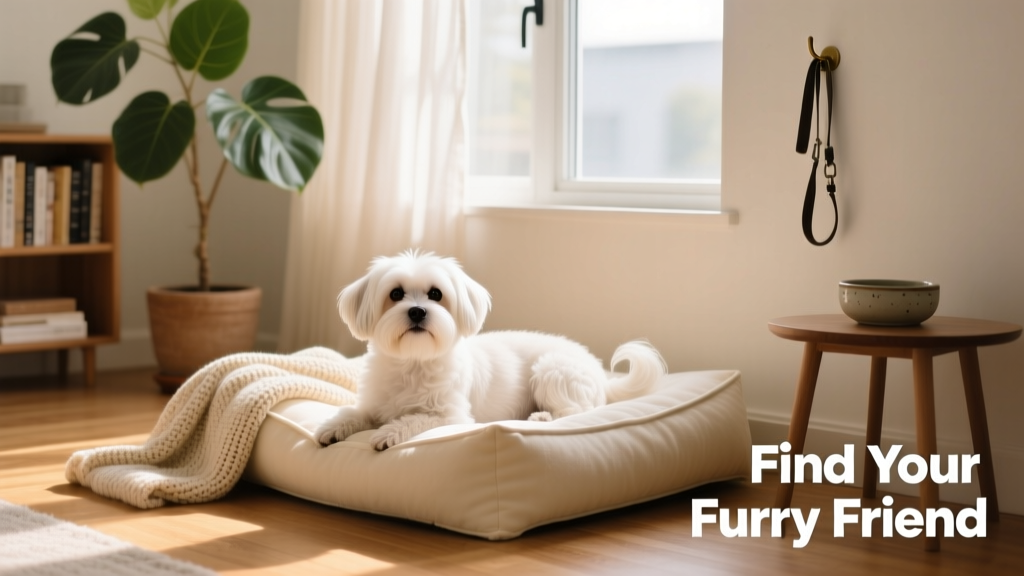 A Maltese resting comfortably on a cozy dog bed in a tidy, loving home environment